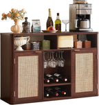 Lerliuo Rattan Wine Bar Cabinet with 2 Doors, Walnut | Boho Liquor Cabinet with Wine Racks & 2 Open Shelves & Rounded Corners for Living Room, Dining Room, Kitchen