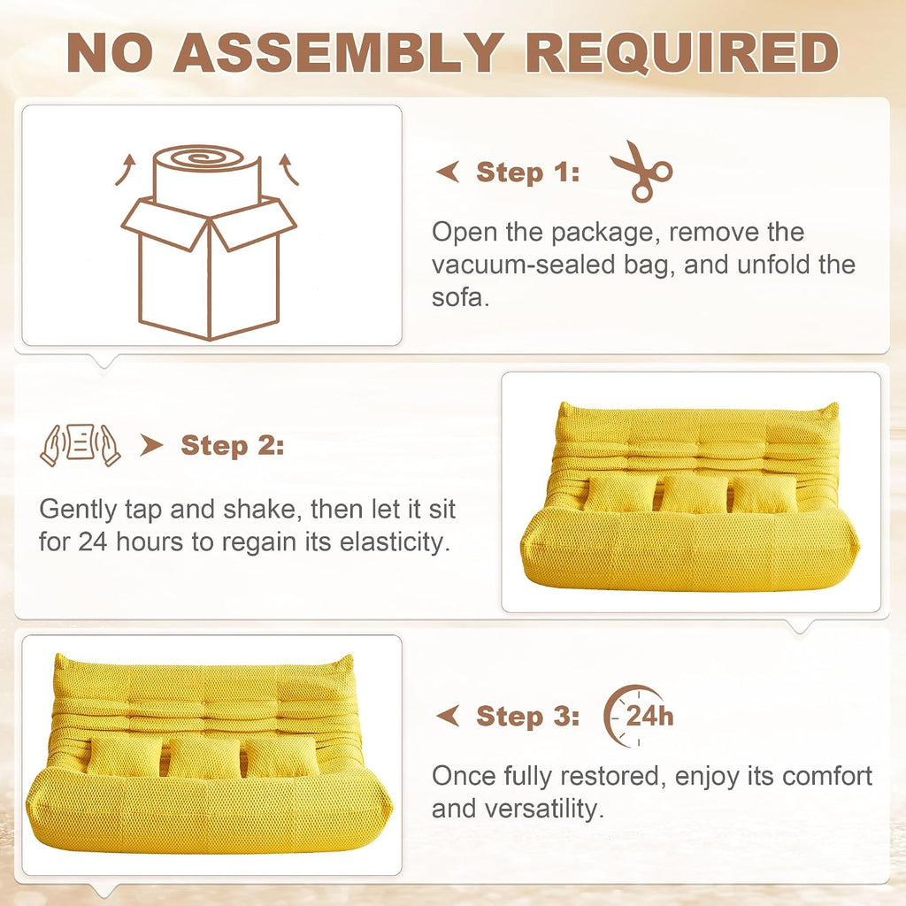 Bean Bag Chair for Adults - Large Bean Bag with Three Pillows, Oversized Boneless Chair with High-Rebound Memory Foam, Lazy Floor Sofa for Reading, Living Room, Bedroom (3-Seater, Yellow)