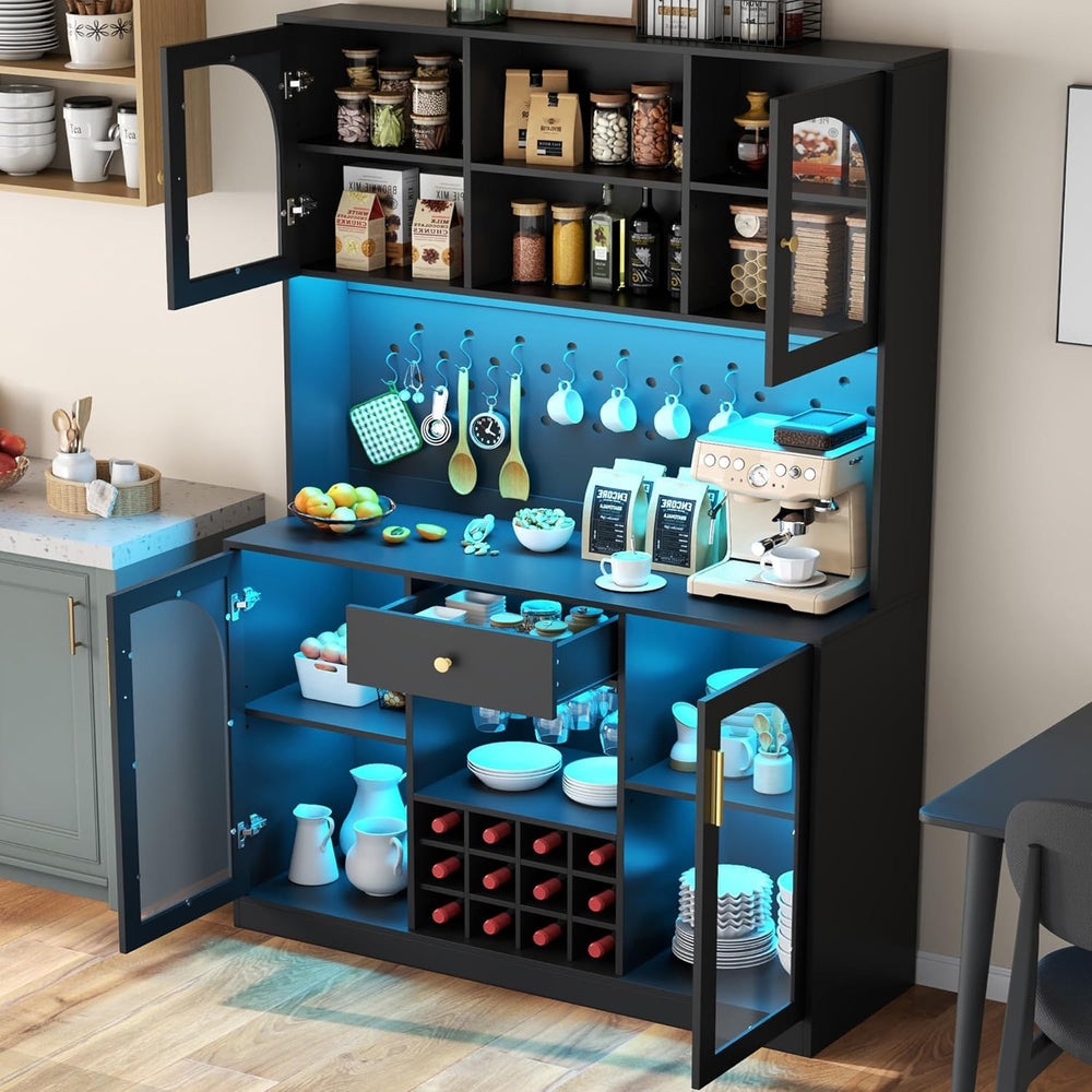 72'' Tall Kitchen Pantry Storage Cabinet with Led Light - Black Pantr...