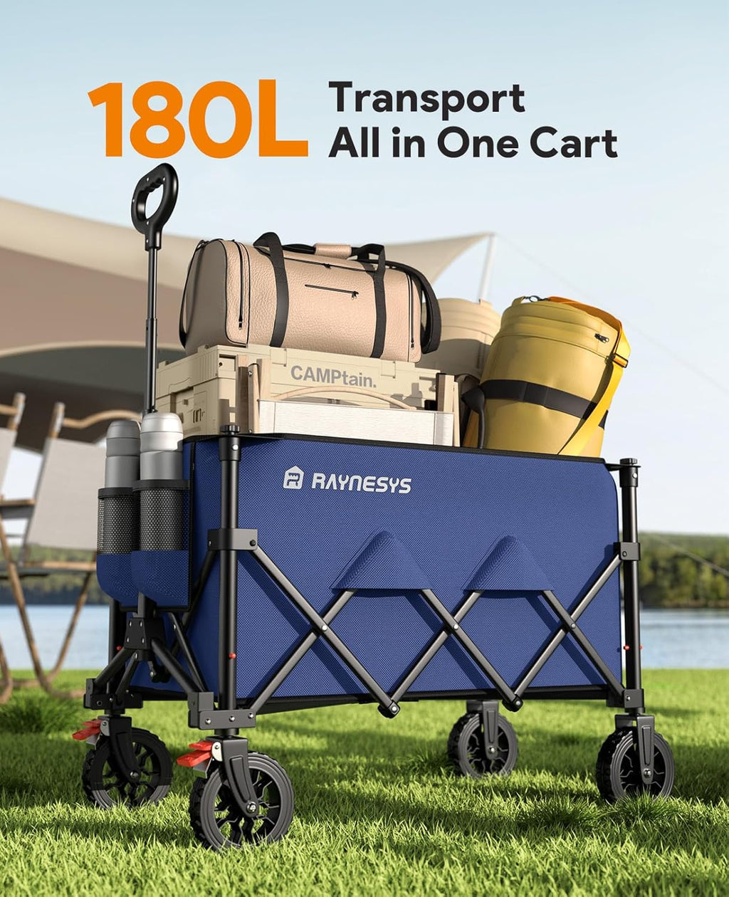 Wagon Carts Foldable, 180L Collapsible Foldable Wagon with 330lbs Weight Capacity, Heavy Duty Utility Cart with Drink Holders and Brakes for Beach Camping Shopping Sports Wheelbarrows, Blue