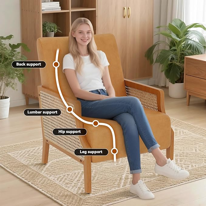 WENTMENT Modern Accent Chair, Armchair with Natural Rattan Armrest, Upholstered Living Room Chair Comfy Single Sofa Chair for Hosting Room/Bedroom, Brown