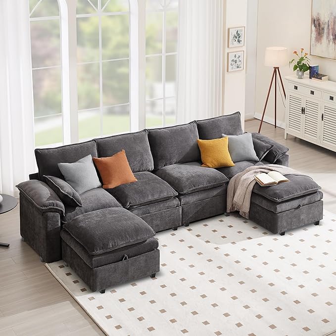 130" U Shaped Modular Sectional Sofa, Couch with Ottoman Storage, Chenille Cloud Couch with Plush Deep Seating for Living Room, Bedroom (Grey, 6 Seat)
