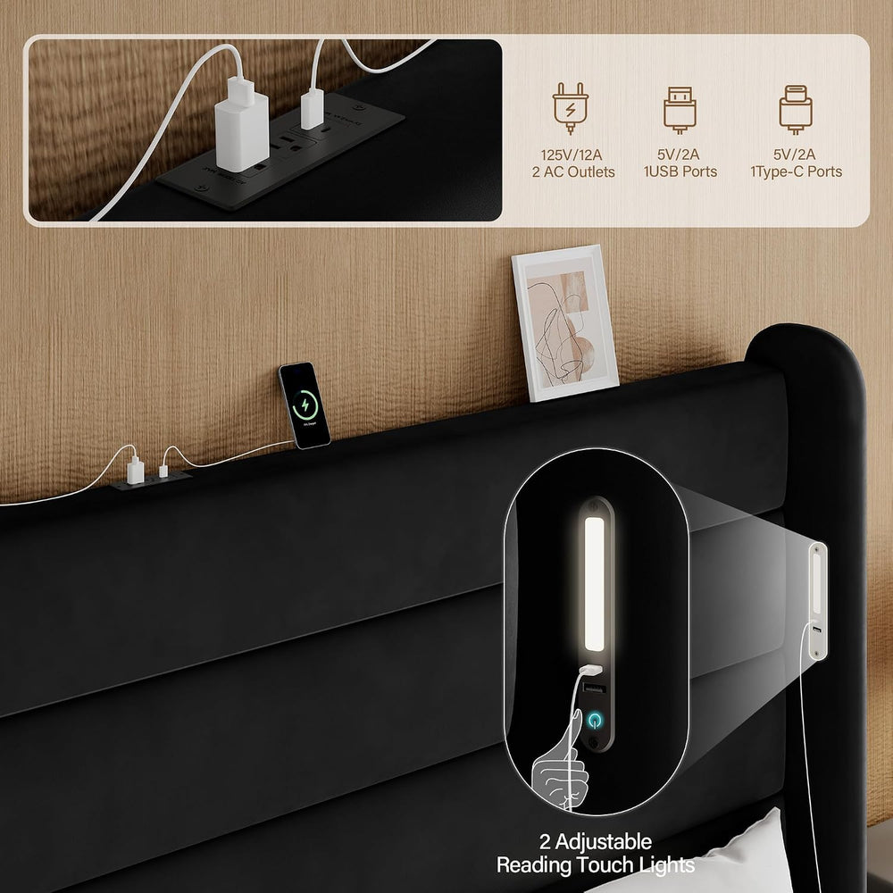 King Size Bed Frame with 59'' Tall Headboard with Readlight, Black