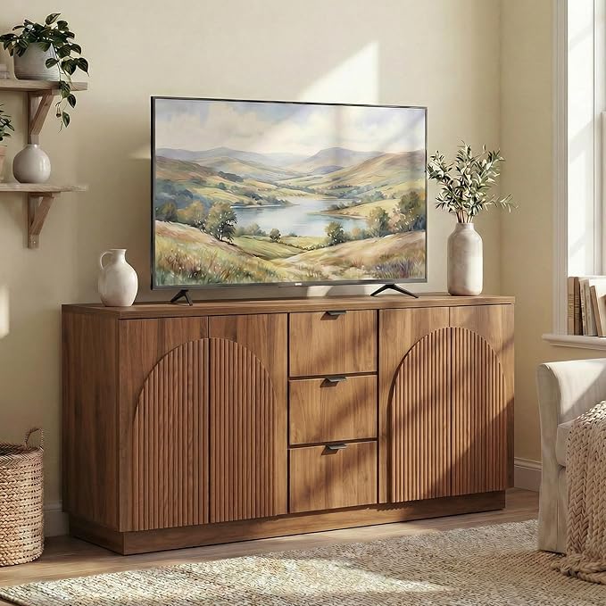 Yechen 67" Walnut Fluted TV Stand with Arched Reeded Design Doors & 3 Drawers, Modern Entertainment Center with Storage for TV up to 75", TV Media Console, TV Cabinet for Living Room, Bedroom