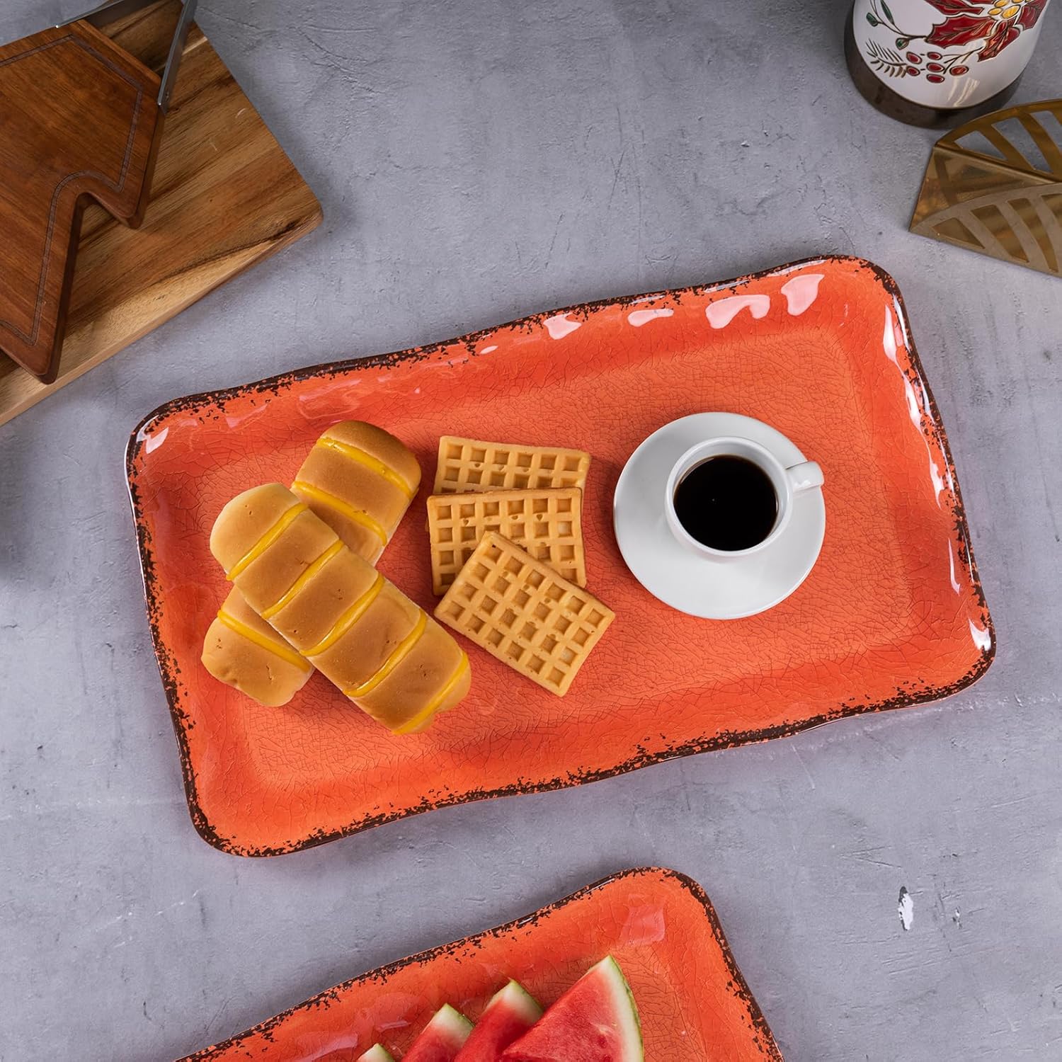 LEHAHA Melamine Serving Tray/Platters Set of 2, 17.5" x 10", 2-Piece Large Rectangular Melamine Platter Set for Serving Food, Orange