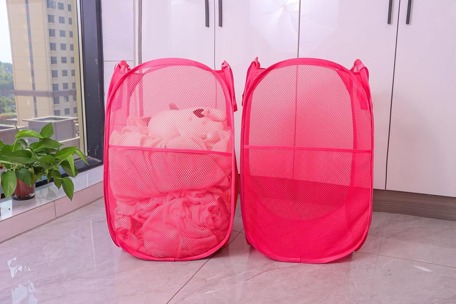 Foldable Mesh Popup Laundry Hamper,Laundry Basket Easy to Open and Fold for Dorm,Travel, College Dorms, and More (2 pink)