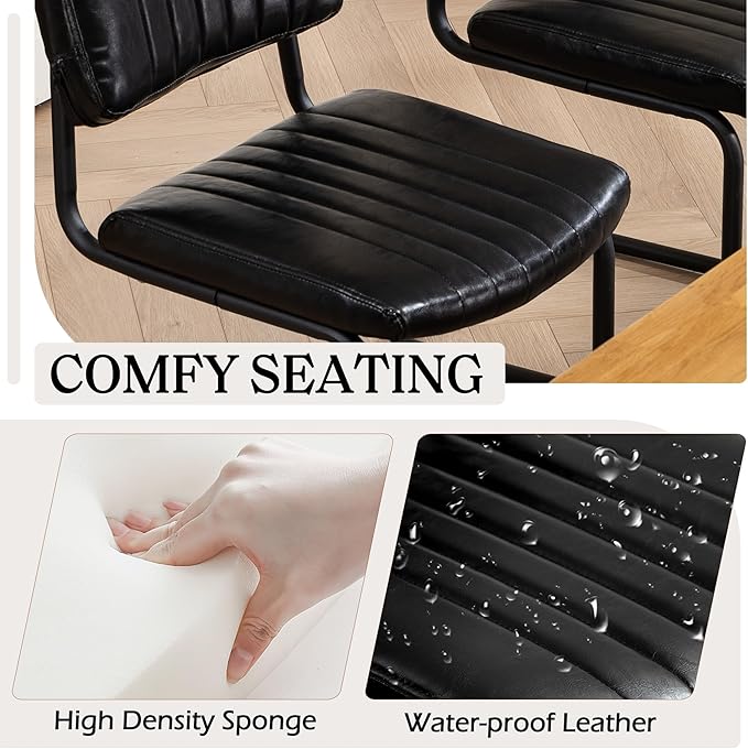 Cantilever Dining Chairs Set of 4, Mid Century Modern Dining Chairs with Black Metal Legs, Upholstered Leather Kitchen Chairs, Armless Cantilever Chair for Kitchen & Living Room, Black