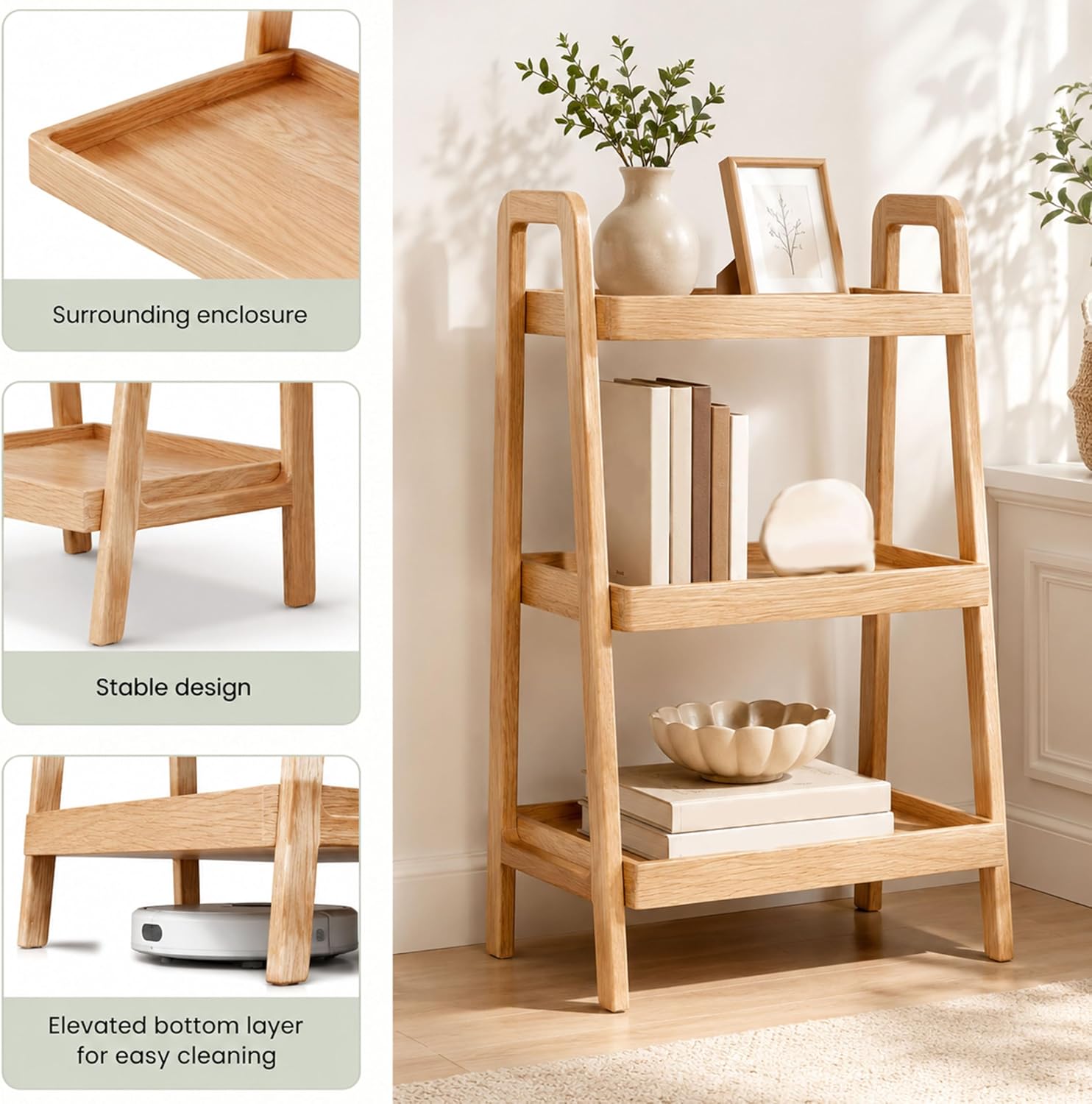 Solid Oak 3-Tier Ladder Shelf & Beech Wood Shoe Rack - Sturdy Entryway Organizer, Elegant Storage for Bathroom, Living Room, Bedroom & Hallway - Durable & Stylish Design