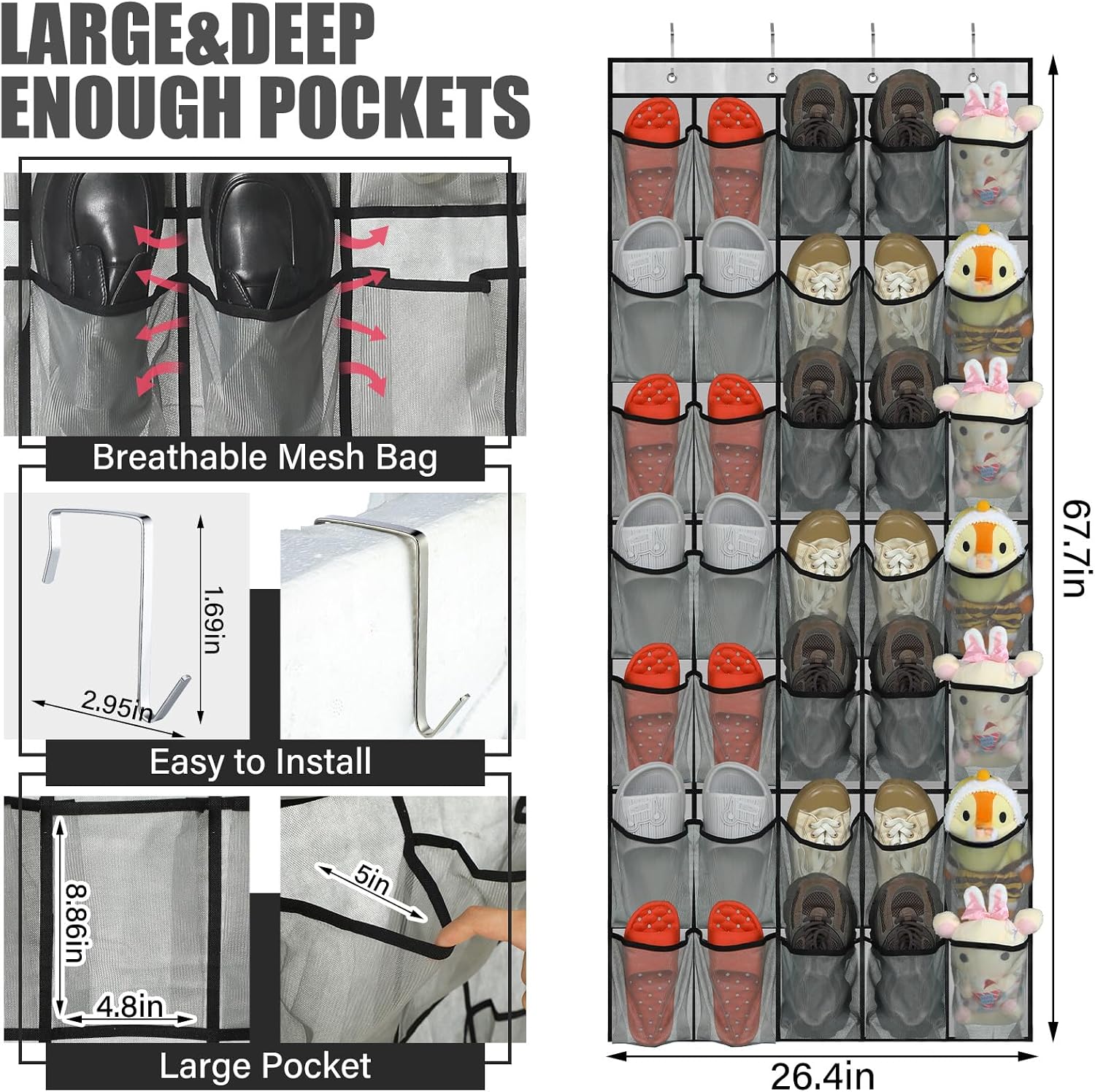 Windyun 2 Pcs 70 Large over The Door Shoe Organizer Hanging Shoe Rack for Closet Holder Gray Mesh Pockets Back to School Behind Door Hanger Storage Nonslip for Home Room School Dorm, Each 35 Pockets