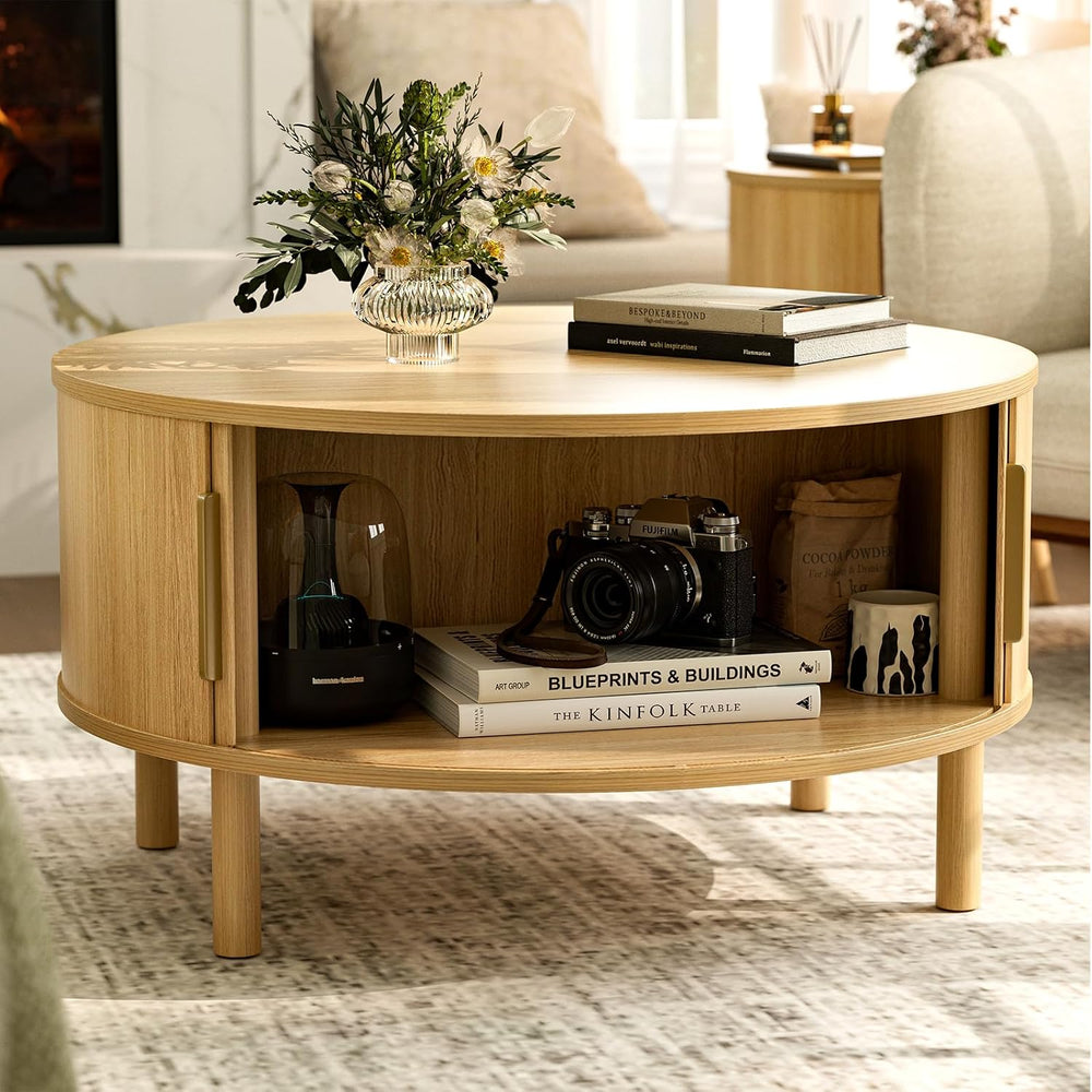 ZttRiee Round Coffee Table with Sliding Doors, Modern, Natural