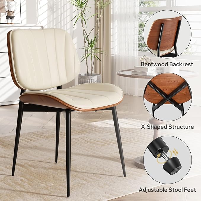 Dining Chairs Set of 6, Mid Century Modern Dining Room Chair, Upholstered Faux Leather Kitchen Chairs with Walnut Bentwood Back and Metal Legs for Kitchen Dining Room Living Room, Beige