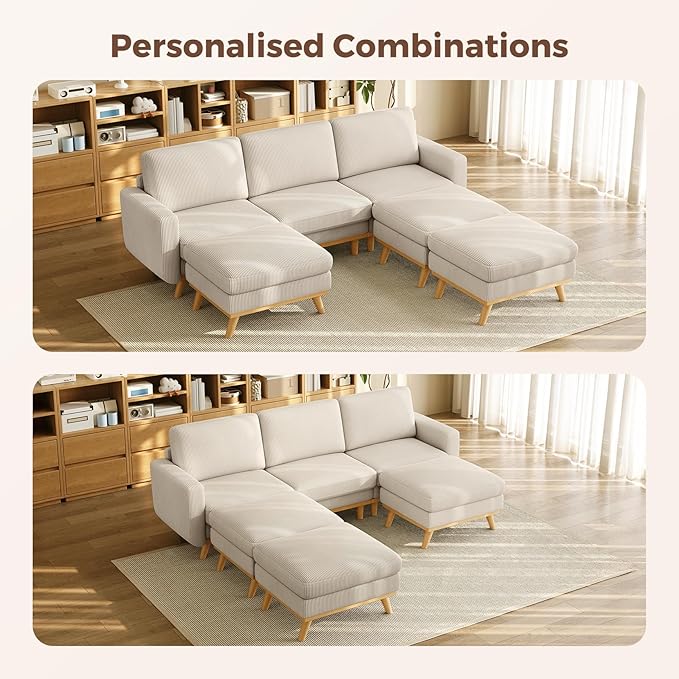 Vesgantti 97" Modular Sectional Sofa Light Gray, Sectional Couch with Movable Ottoman, Comfy Corduroy Couch with Spring Cushion, Modular Sofa with Deep Seat for Living Room, Bedroom and Apartment