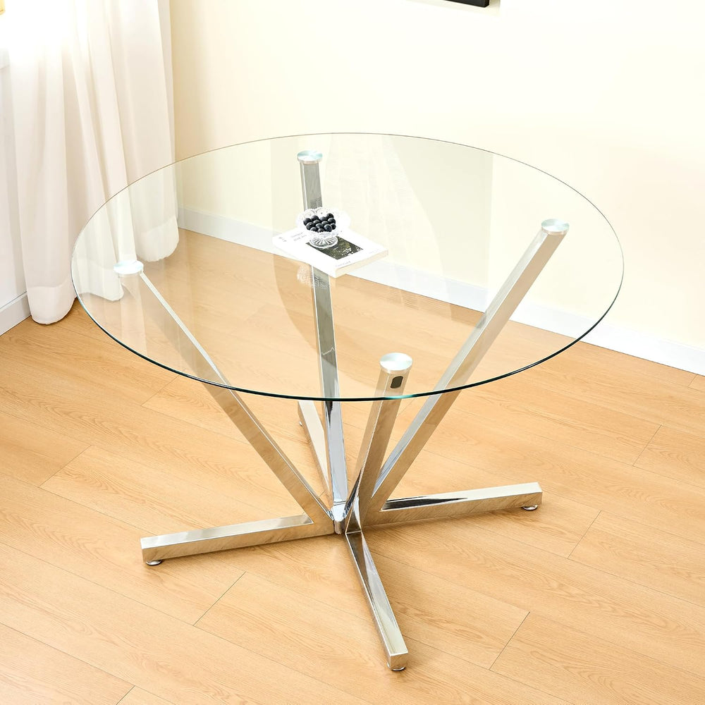 SSLine 45.2" Round Glass Dining Table for 4 Modern Circle Glass Tabletop...