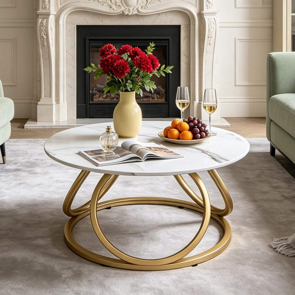 O&K FURNITURE Gold Round Coffee Table, Faux Marble Top with Veins, Modern...