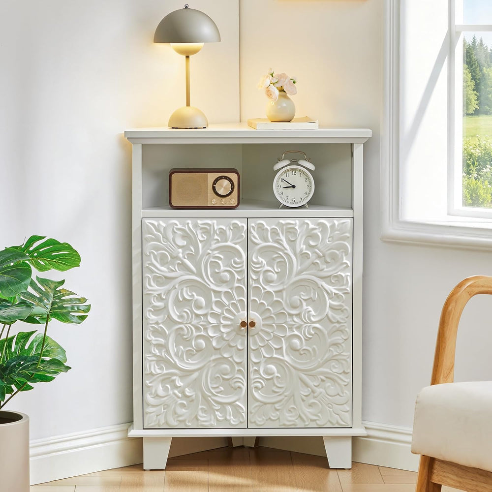 Corner Storage Cabinet, 31.5" Floral Accent Cabinet for Small Spaces, White
