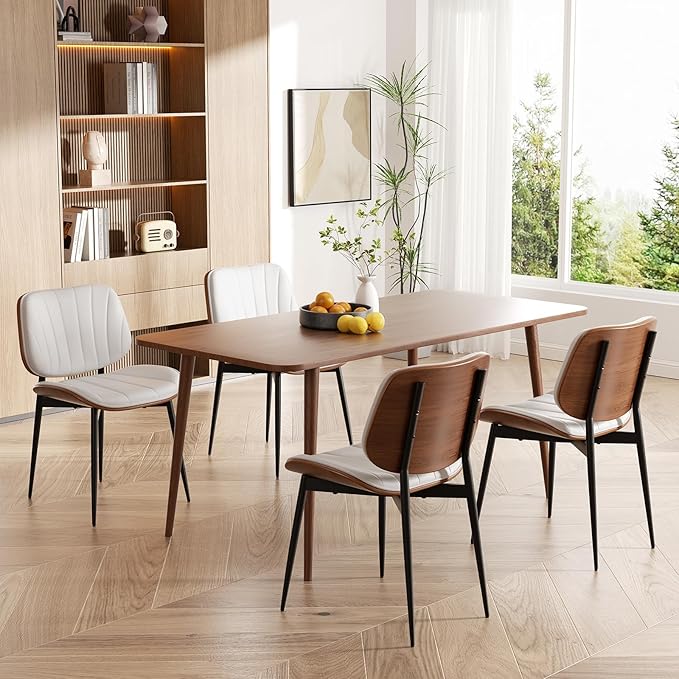 Dining Chairs Set of 6, Mid Century Modern Dining Room Chair, Upholstered Faux Leather Kitchen Chairs with Walnut Bentwood Back and Metal Legs for Kitchen Dining Room Living Room, White