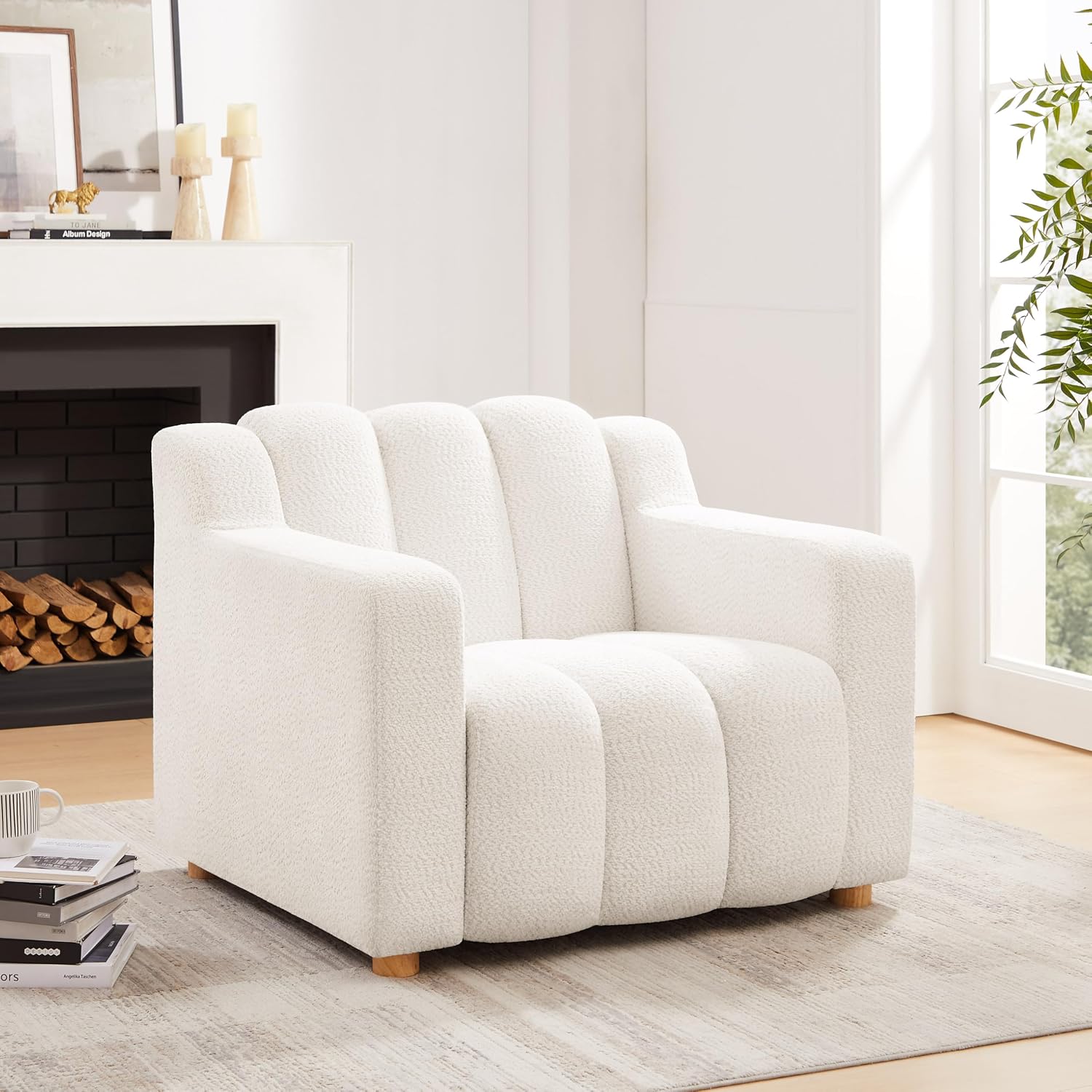 Oversized Accent Chair, Modern Living Room Chairs, Boucle White | Cloud Comfort, Upholstered Armchair, Ergonomic Design, Comfy Reading Chair for Bedroom, Office, Waiting Room