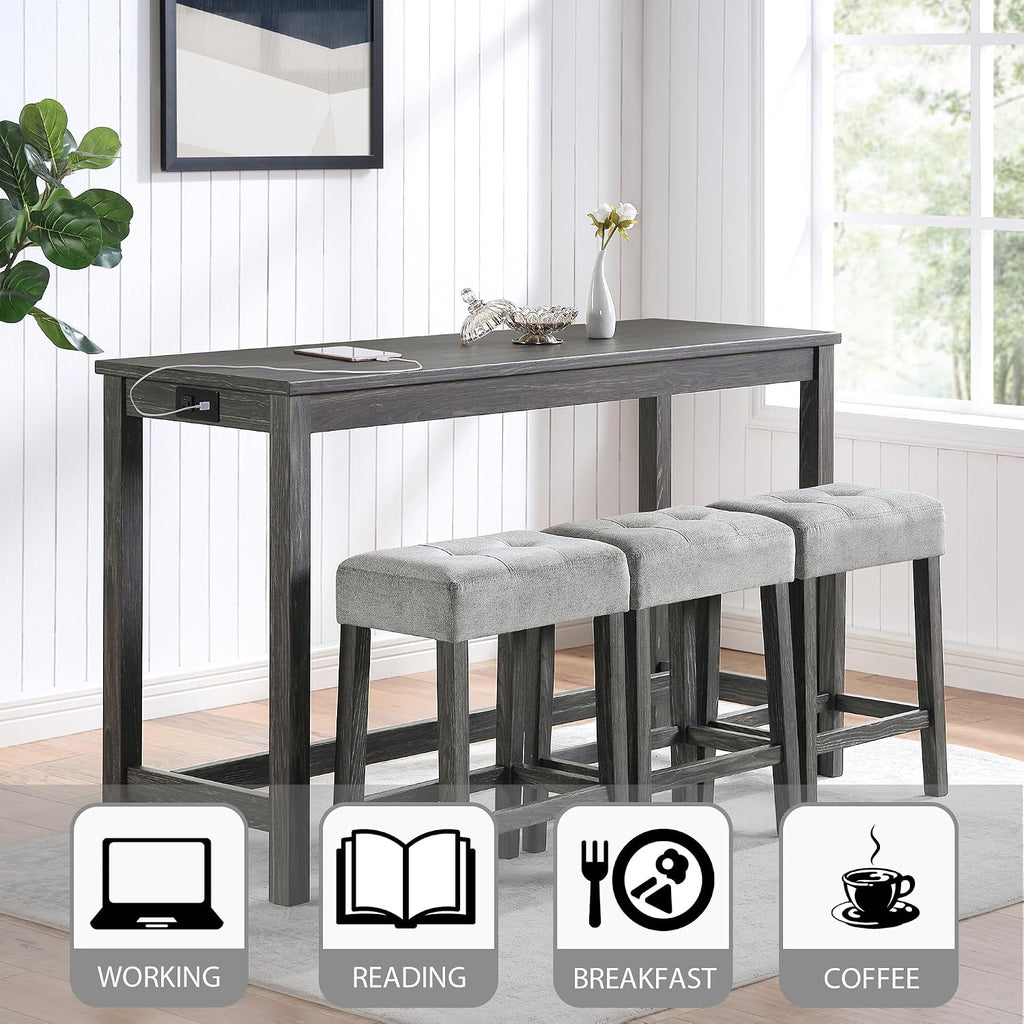 Merax Industrial Bar Table Set with Power Outlet, 4-Piece Counter Height Dining Set with Linen Fabric Stools for Kitchen, Breakfast Nook, Game Room,Black Gray+ Gray