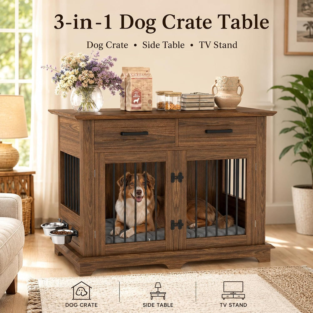 44.48" Large Dog Crate Furniture End Table (Brown) | 2 Storage Drawers, ...