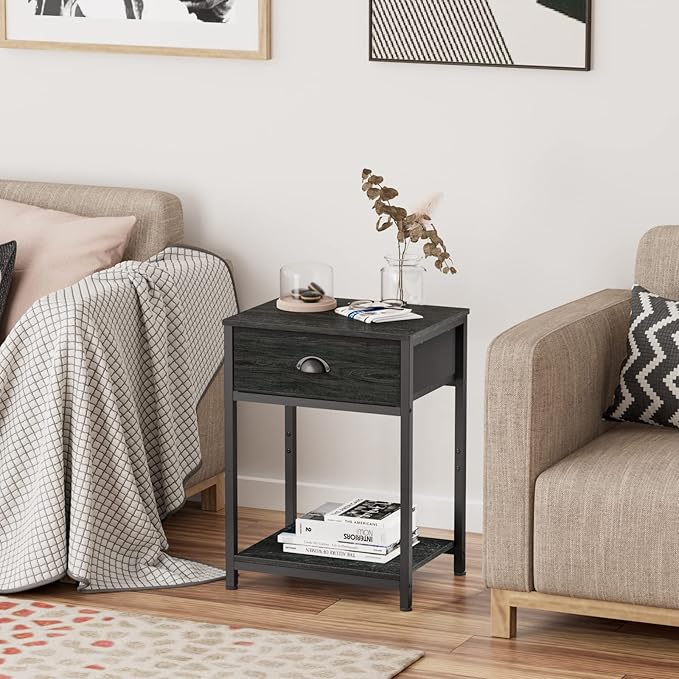 Furologee Nightstand with Fabric Drawer & Storage Shelf, Small Bedside Table Organizer for Small Space, 2 Tiers Industrial End Table, Side Table for Living Room, Bedroom, Black Oak