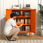 Wide Multipurpose Metal Storage Cabinet with Lockable Design & 2 Adjustable Partitions, Thickened Steel & Sturdy Construction for Home, Living Room & Office Orange 33" H X 29.5" W X 13.8" D