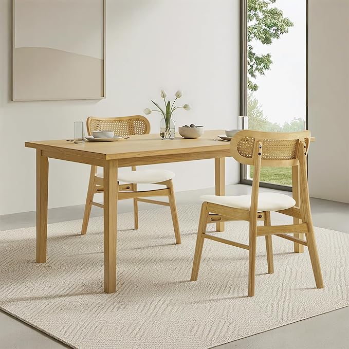 Wooden Dining Chairs Set of 4, Upholstered Modern Dining Room Chairs, Mid Century Oak Wood Kitchen Chairs with Rattan Backrest for Farmhouse, Kitchen, Restaurant (Cream Fabric & Original Color)
