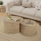 Nesting Coffee Table Set of 2, Rustic Crate and Barrel Coffee Table, Hand-Woven Woven Nesting Tables with Soild Wood Cover for Living Room, Bedroom