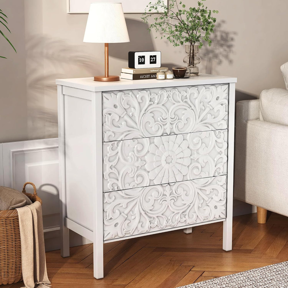 3-Drawer Dresser Chest, Modern Wooden Flower Motif Dressers with Wide Storage...