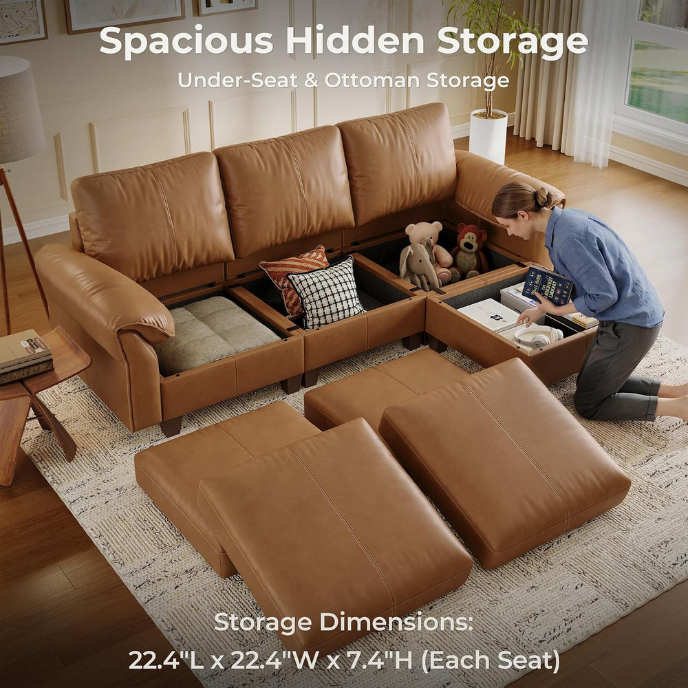 SITJOY Faux Leather Modular Sectional Sofa with Storage, Mid Century Modern S...