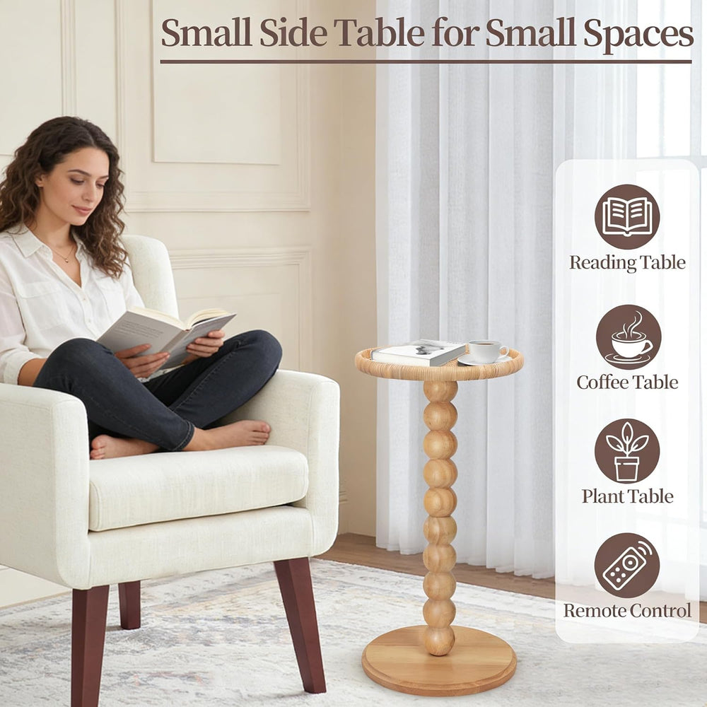 Drink Table, Boho Rattan Small Round Side Table for Small Spaces, Solid Wood ...
