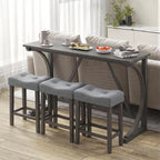 COSTWAY 4-Piece Farmhouse Bar Table Set with Power Outlet | Counter Height Dining Table Set w/ 3 Upholstered Stools, Wood Console Table Set for Kitchen, Dining Room, Living Room, Gray