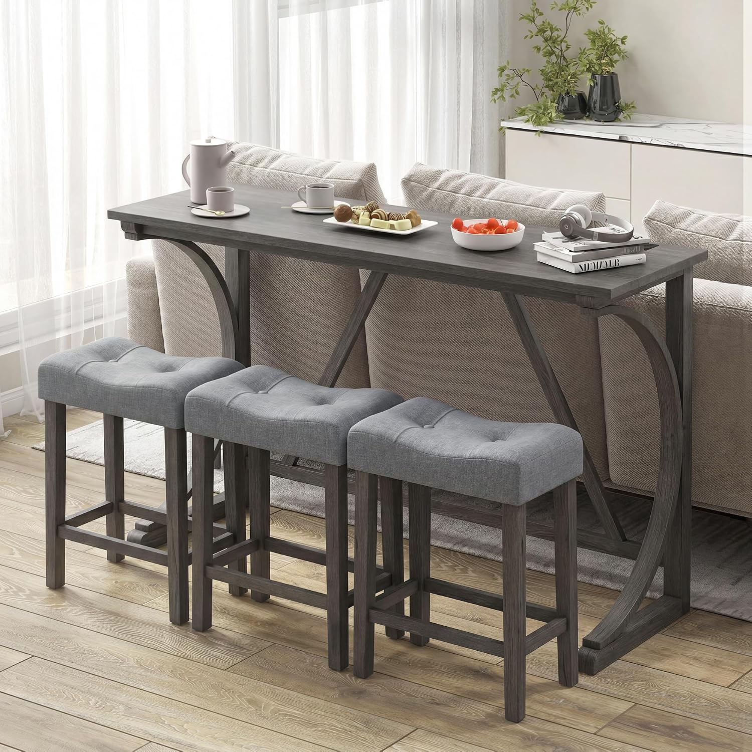 COSTWAY 4-Piece Farmhouse Bar Table Set with Power Outlet | Counter Height Dining Table Set w/ 3 Upholstered Stools, Wood Console Table Set for Kitchen, Dining Room, Living Room, Gray