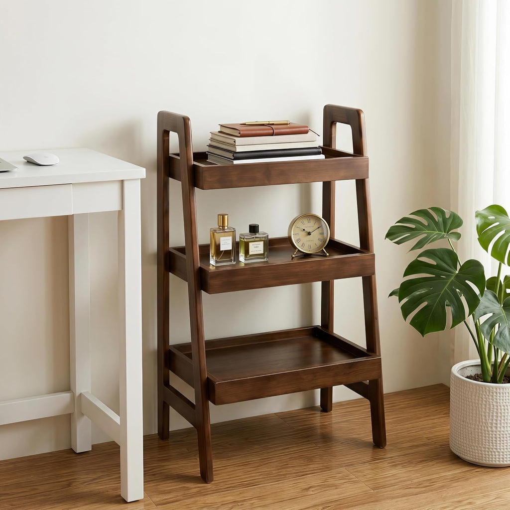 3-Tier Ladder Shelf, Solid Wood Freestanding Bookshelf | Natural Wood Shelf with Open Storage, Raised Edges and Compact Design for Books, Plants, Décor and Small Spaces