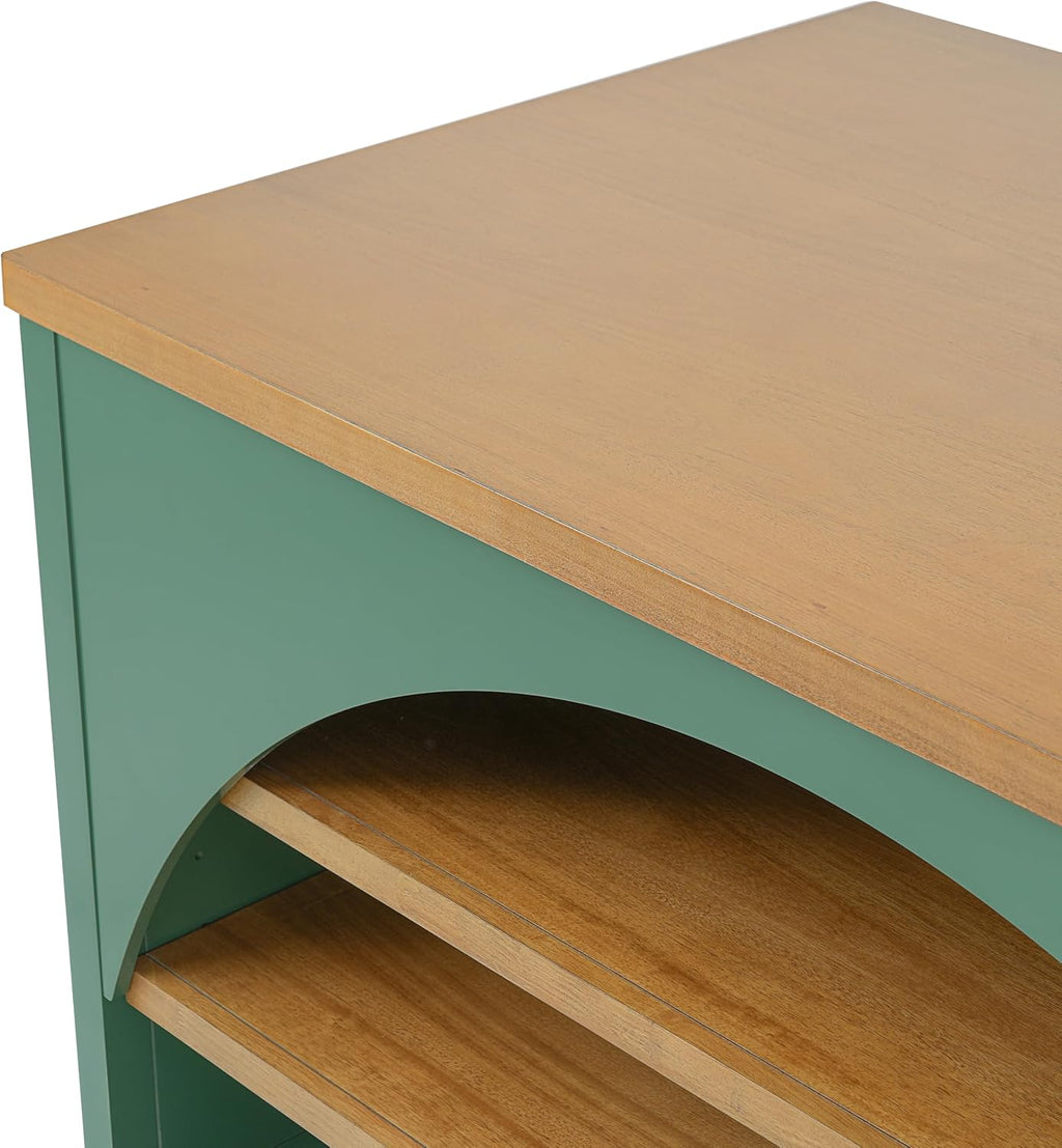 Christopher Knight Home Elle 56" Kitchen Island with Open Storage, Farmhouse Rubberwood Kitchen Island Table with Arch Detail, Storage Cabinet with 3 Open Shelves, Kitchen Prep Table, Green+Natural