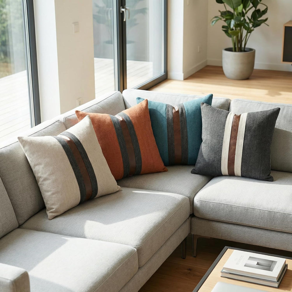 Set of 2 Leather Throw Pillow Covers Cotton Linen Decor Patchwork Pillow Cove...