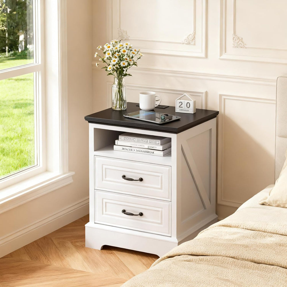 Eondon 18" Farmhouse Nightstand with Charging Station, 2 Drawers Bedside...