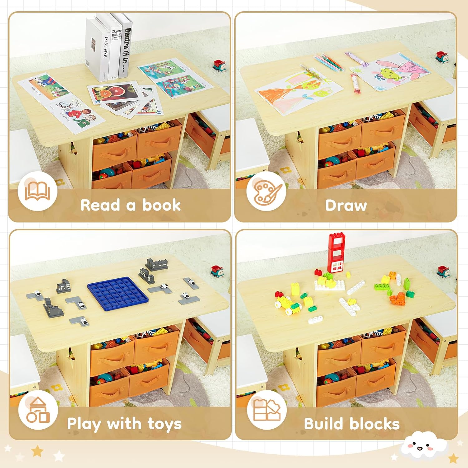 Kids Table and Chair Set: Sturdy with 2 Chairs & 6 Storage Drawers | Wooden Children Activity Desk Group for Drawing Reading Playing - Water Resistant and Easy Clean Furniture Set for Playroom
