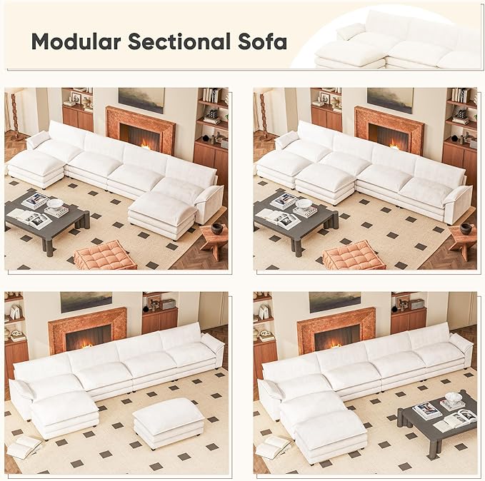 Furniwell 159" Modern Couches Sectional Sofa with Movable Ottoman, U Shaped Sofa Couch with Comfy Chenille and Deep Seat, 4-Seat Cloud Couch for Living Room, Bedroom and Apartment