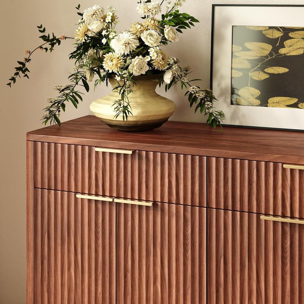 Evermagin 67" Fluted Walnut Sideboard Buffet Cabinet with 3 Drawers, Mod...