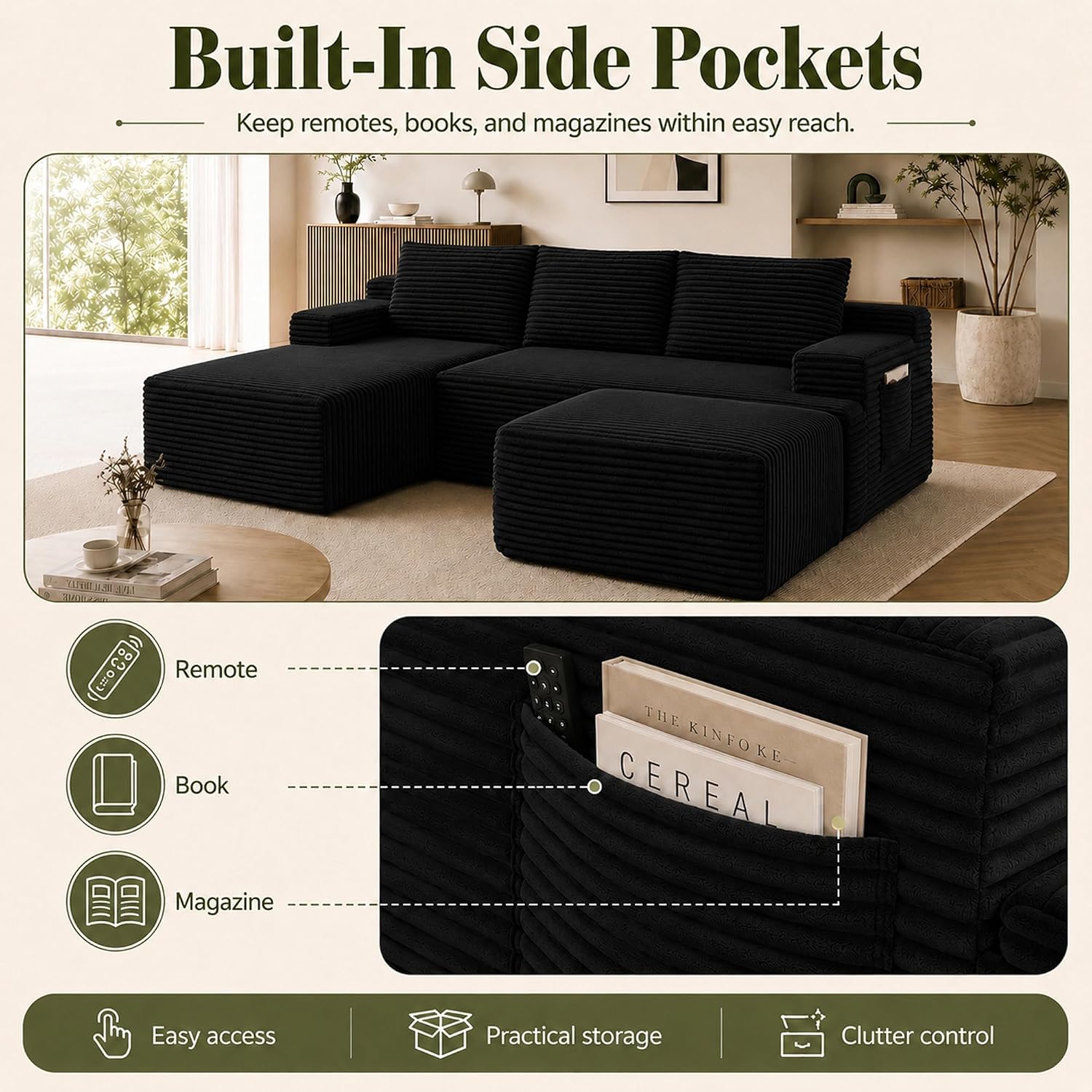 Boneless Couch, Modular Sectional Couches for Living Room, U-Shaped Cloud Couch Sofa with Deep Seat, Fluffy Corduroy Upholstered Corner Sofa