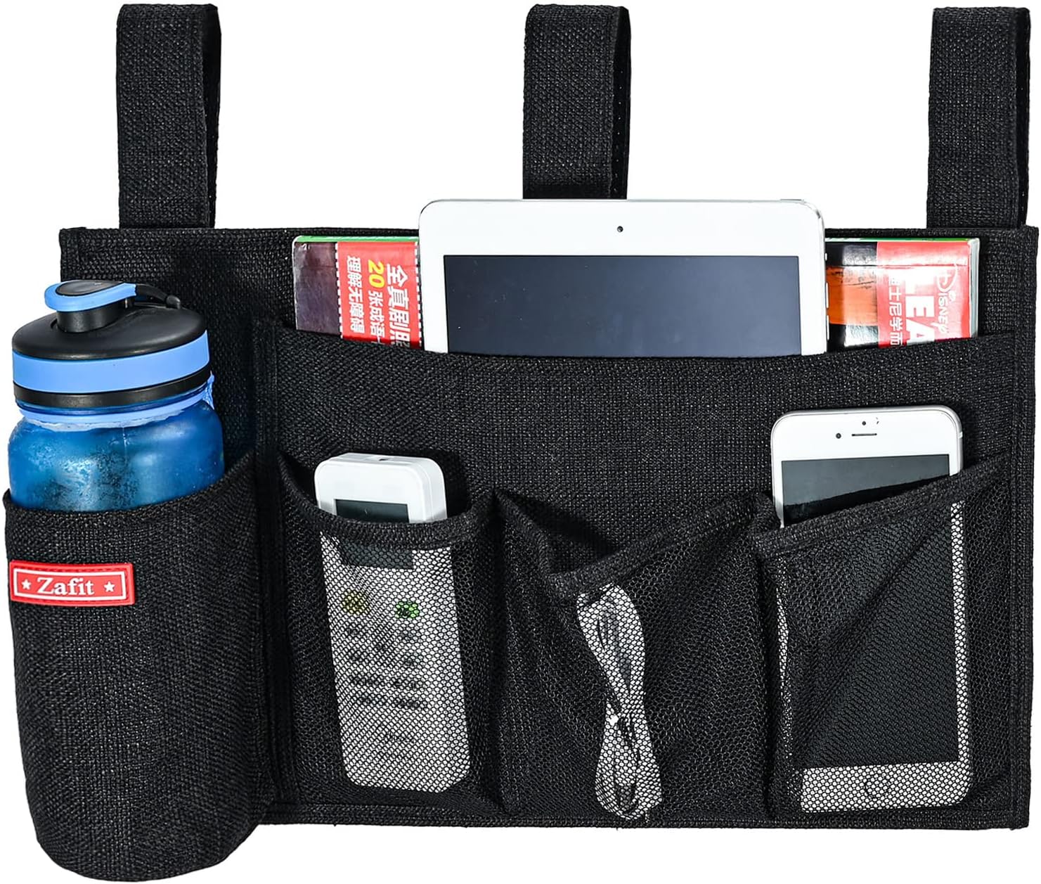 Linen Bedside Caddy, Bedside Storage Organizer for Hospital Beds, College Dorm Rooms or Baby Bed (5 Pockets-Black)