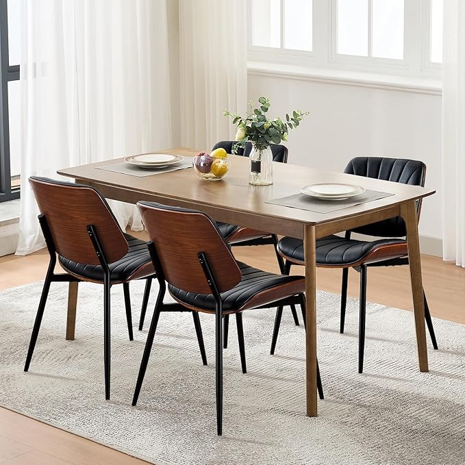 Garvee Dining Chairs Set of 2, Mid-Century Modern Upholstered Retro PU Leather Kitchen Chairs with Walnut Bentwood Back and Metal Legs Adjustable Feet for Kitchen Dining Room, Black Shell Strips