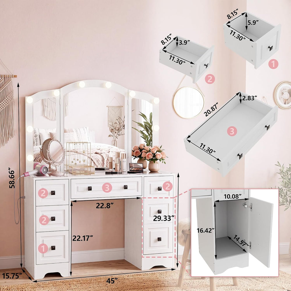 senlin Vintage Vanity with Lighted Mirror & Outlet (White) | Retro dressi...