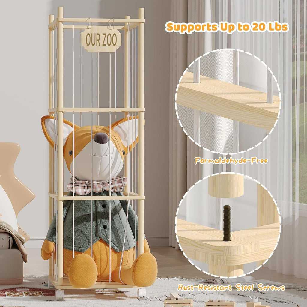 Stuffed Animal Storage, Wood Stuffed Animal Zoo with Wheels & Net, Toy Storage Organizer with Elastic Band, Large Capacity Toy Holder for Nursery, Playroom (3layers)