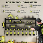 Power Tool Organizer Wall Mount with Charging Station,Cordless Tool Organizer 8 Drill Holder, 4 Layer Storage Rack for Garage Organization,Tool Holder with 8 Outlet Power Strip (Black)