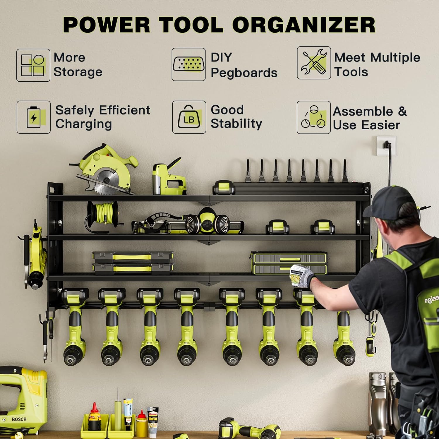 Power Tool Organizer Wall Mount with Charging Station,Cordless Tool Organizer 8 Drill Holder, 4 Layer Storage Rack for Garage Organization,Tool Holder with 8 Outlet Power Strip (Black)