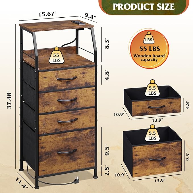 WLIVE 4 Drawer Dresser for Bedroom, 37" H Nightstand with Charging Stati...