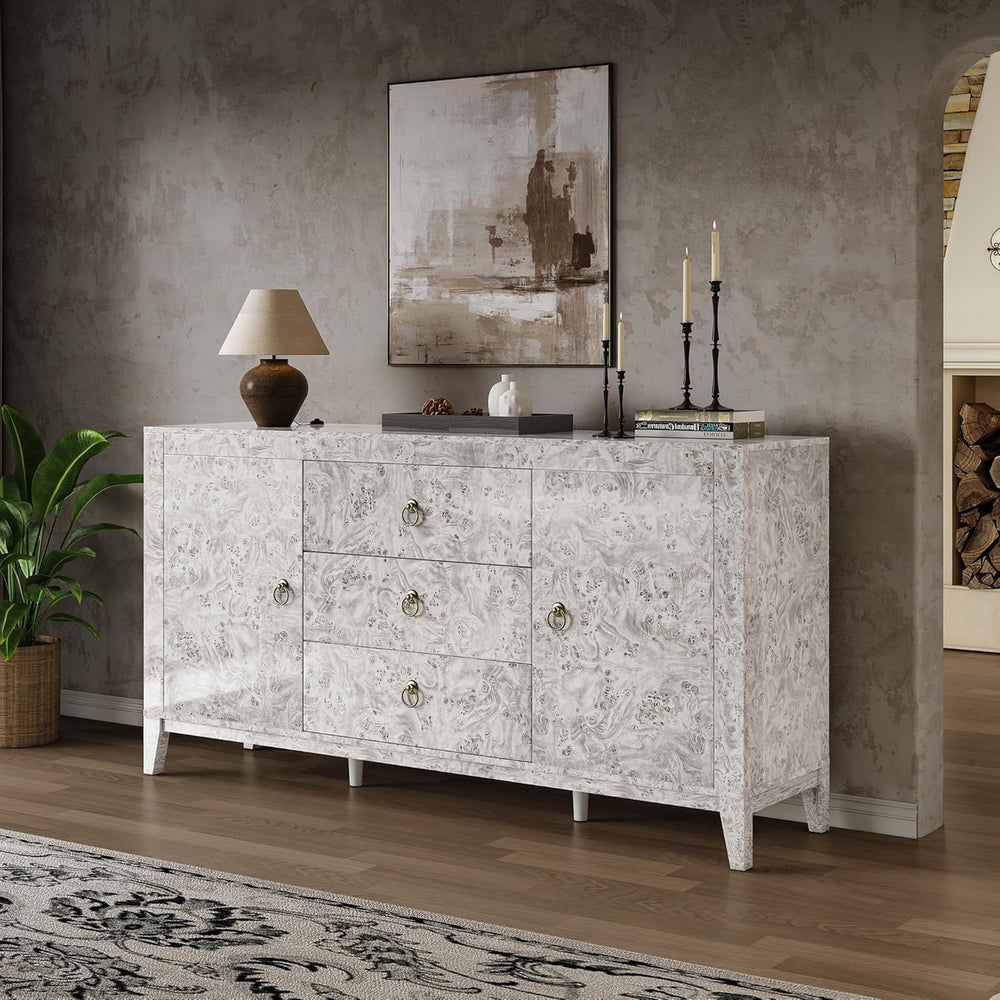 LUXOAK 60'' High Gloss Burl Wood Buffet Sideboard, Storage Cabinet wi...