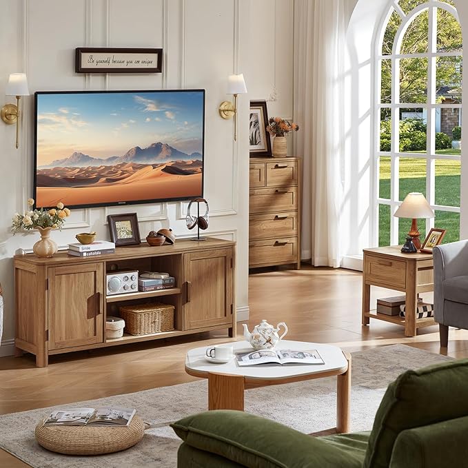 Farmhouse 55" Tv Stand,Dark Wood Entertainment Center with Adjustable Shelves & 2 Door Storage,Wooden Media Console Cabinet for TVs Up to 65 inches, Rustic Tv Stands for Living Room,Bedroom