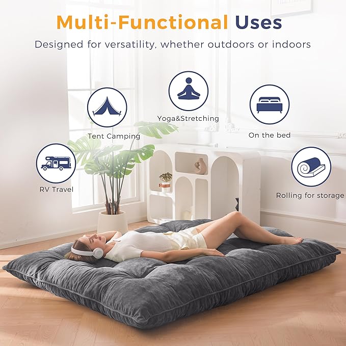 MAXYOYO Japanese Floor Mattress Full Size, 6" Foldable Futon Mattress Tufted Roll Up Floor Bed, Thick Chenille Tatami Mat Sleeping Pad for Camping Guest Room Dormitory Bedroom RV, Dark Grey